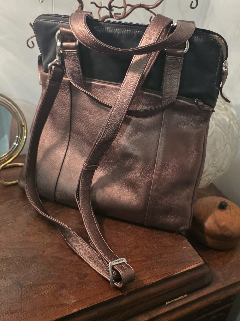 Derek Alexander Leather Convertible Tote Bag in Metallic Bronze with Black Trim